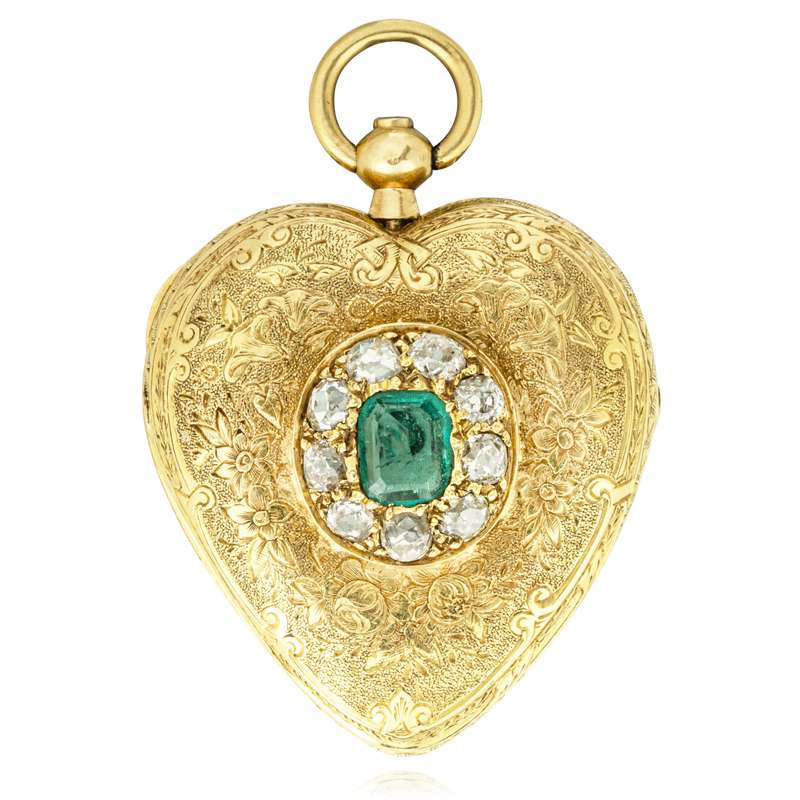 A Gold Emerald & Diamond Heart Shape Pendant Watch C1840